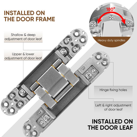 Hidden Door Hinges Set Two Pack Six Inch Three Way Adjustable Invisible Hinges With 180 Degree Swing Heavy Duty Concealed Hinges Load Bearing Up To 88 Lbs Silver Finish For Hidden Doors And Feature Walls installed on door frame showing hinge fixing holes and 180-degree swing mechanism.