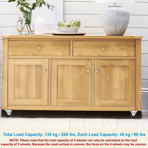 Wooden cabinet on 1.5 Inch Ball Caster Wheels Set Of 4 For Furniture, 360 Degree Swivel Top Plate Casters In Gold Finish.