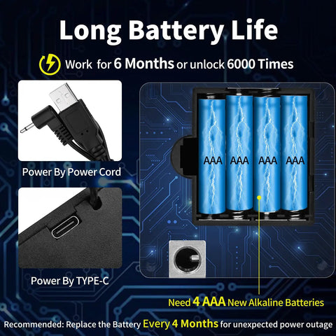 2 Pack RFID Cabinet Lock System With NFC Unlock battery and power options showing AAA batteries and USB connection