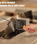Three Piece Chainsaw Chain Sharpening File Set With Round Steel Files And Plastic Handle in use on a saw blade