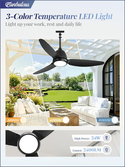 Outdoor Ceiling Fan With Light IP65 Waterproof Wet Rated for Patio Gazebo, black fan under pergola, 3-color LED light