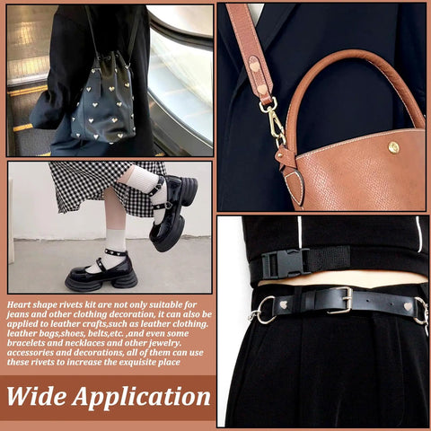 Hassle Free 15 Piece Heart Shaped Leather Rivets Kit Dope Alloy Studs And Screws Top Shelf Back Buttons for bags and belts styled with rivets.
