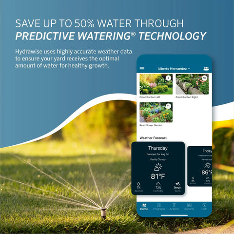 Hydrawise Pro HC 24 Station WiFi Smart Sprinkler Controller app showing weather-based watering schedule on phone screen.