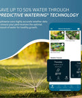 Smartphone displaying Hydrawise Pro HC 12 Zone WiFi Smart Sprinkler Controller app with predictive watering technology feature.