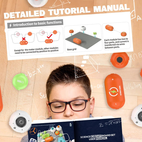 Hands On Electronics Kit For Kids Aged Five To Seven With Sixteen Circuit Parts And Over Four Hundred Forty Projects Including Infrared Sensor Module Hand Crank Generator RGB Light Module And Flying Saucer Accessories STEM Toys Curious Young Minds manual page with circuit diagrams