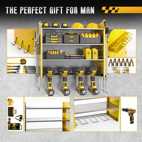 Tool Organizer Wall Mount With Charging Station, 4 Tier Garage Storage Rack With Cordless Drill Holders And Side Hooks