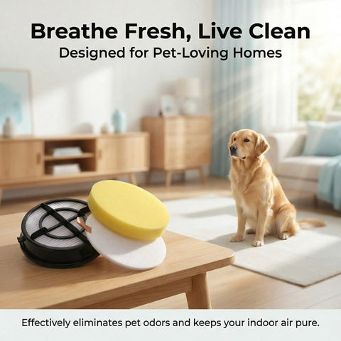 Two Pack Replacement Filters For Pet Hair Eraser Upright Vacuum 1650 Series With Febreze shown with dog indoors.