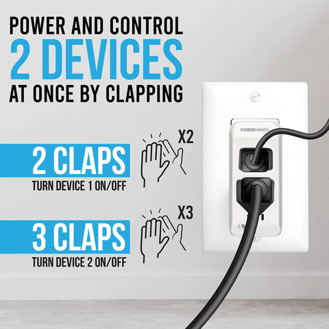 Clap Control Dual Outlet Wall Plug With Noise Sensor showing power control for two devices, with clap instructions and cords.