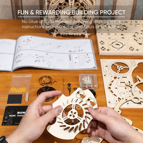 3D Wooden Clock Kit For Adults Dope Owl Mechanical Puzzle Kit DIY Build Set, Brain Teaser Educational Hobby Craft For Teens, Desk Decor And Gift Idea For Puzzle Lovers. wooden clock parts and instructions on desk