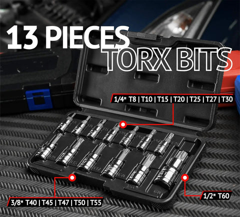 Torx Bit Socket Set 1/4 Inch And 3/8 Inch Drive With T8 To T60 Star Sizes In Chrome Vanadium Steel, 13 Pieces in case