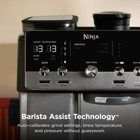 Close-up of Home Barista Luxe Café Mini Espresso Machine controls with built-in burr grinder and drip coffee function.