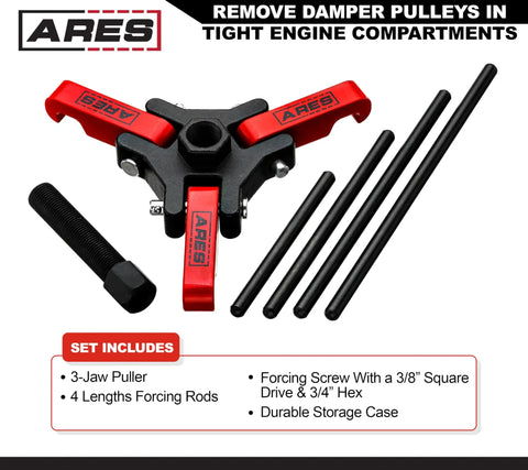 Harmonic Balancer Puller Kit For Cars And Trucks With Adjustable 3-Jaw Design Fits Most Late Model Automobiles Remove Damper Pulleys In Tight Engine Compartments Without Radiator Removal, includes puller, rods, and screw