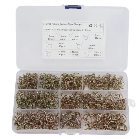 Ultimate 65 Manganese Steel Spring Clips And Hose Clamp Assortment Kit With 345 Pieces In 9 Sizes Perfect For Fixing Fuel Lines On Atvs Motorcycles And Snocyclers That Need A Solid Grip Without Breaking The Bank. Open plastic organizer with 345 steel spring clips, 5mm-13mm.