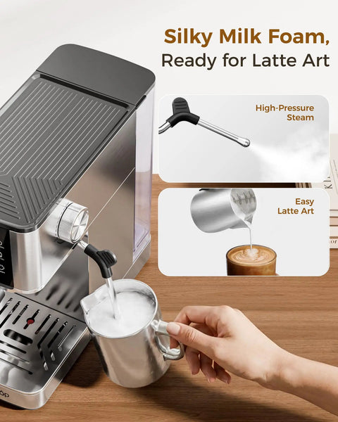 Semi Automatic Espresso Machine With 20 Bar Pressure And Built In Activated Carbon Water Filter Cutting Chlorine For A Crystal Clear Flavor Kick Daily Morning Fuel Compact Countertop Setup with high-pressure steam for silky milk foam.