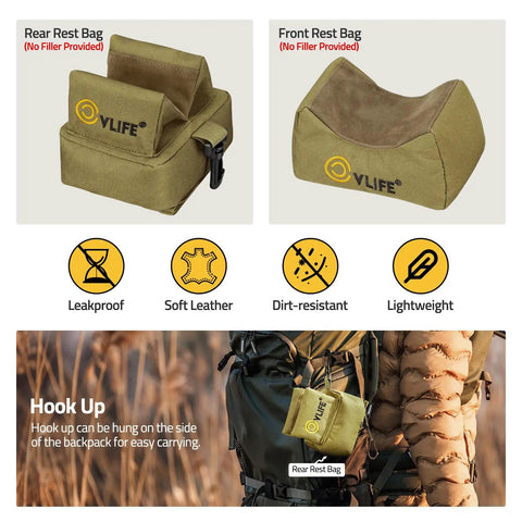Lightweight Rifle Shooting Rest Tripod With Front And Rear Bench Bags for hunting, showing bags' design and backpack attachment