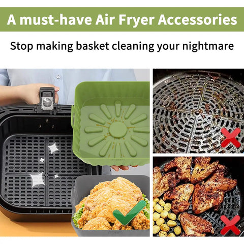 2 Pack 9 Inch Square Silicone Air Fryer Liners For 6 Qt To 9 Qt Reusable Large Air Fryer Insert Nonstick Basket Cover Easy Cleanup Keeps Your Air Fryer Clean Green And Gray depicted in use with food and fryer