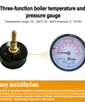 Replacement Boiler Gauge For Tridicator Two And A Half Inch Dial NPT With 1.5 Inch Stem Bronze Build showing temperature and pressure settings.
