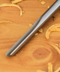 Pro Grade Three Piece Spindle Gouge Set For Woodturning Built Tough For Heavy Duty Cuts With Rock Solid Beech Handles showing a detailed gouge blade.