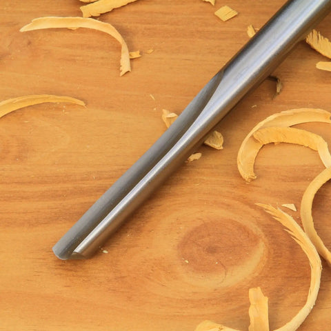 Pro Grade Three Piece Spindle Gouge Set For Woodturning Built Tough For Heavy Duty Cuts With Rock Solid Beech Handles showing a detailed gouge blade.