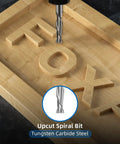CNC router with Essential 1 Quarter Inch Shank CNC Router Bit Kit carving 'FOX' into wooden board using an upcut spiral bit.