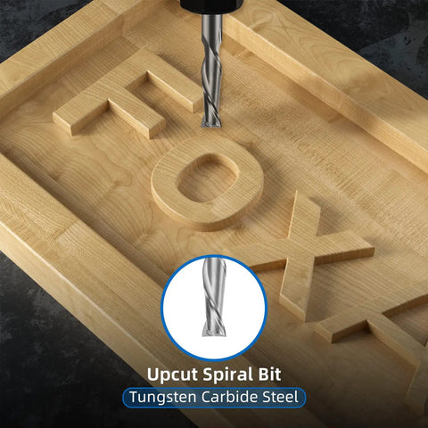 CNC router with Essential 1 Quarter Inch Shank CNC Router Bit Kit carving 'FOX' into wooden board using an upcut spiral bit.