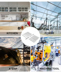 Collage of various steel applications including kitchen, power plant, ship, and machine tool with steel grid in center