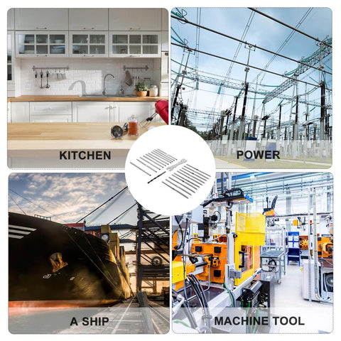 Collage of various steel applications including kitchen, power plant, ship, and machine tool with steel grid in center
