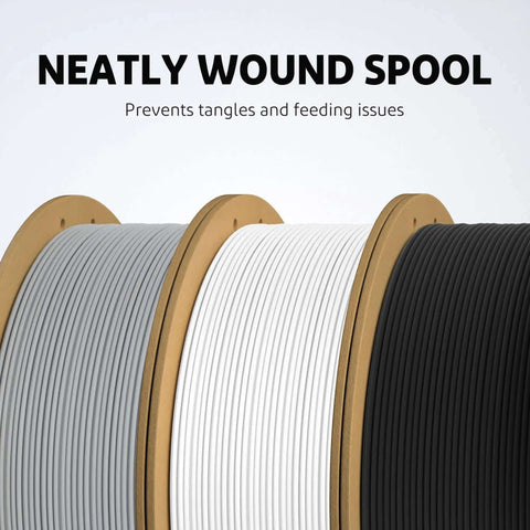 Gray, white, and black PLA filaments on cardboard spools highlighting neat winding for Dope Matte Navy Blue PLA Filament For 3D Printing.