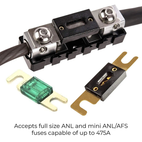 1/0 To 4 Gauge ANL Inline Fuse Block With Linkable Modular Design For Car And Marine Audio ANL Fuse Holder Built Beefy With Brass Construction And High Temp Housing For Ultimate Power Distribution, accepts ANL and mini fuses