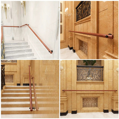 Natural Wooden Wall Mounted Porch Railing Adjustable Deck Handrail Heavy Duty Support For Kids And Seniors Non Slip Indoor Outdoor Grip No Sweat Install Top Shelf Quality, mounted on marble stairs.