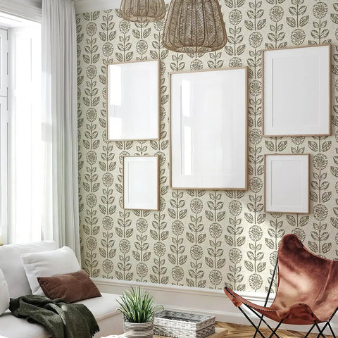 Floral Peel And Stick Wallpaper Tulip Print Neutral Self Adhesive Vinyl Covering in stylish living room setting.