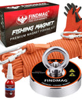 FINDMAG fishing magnet kit with 2.36-inch neodymium magnet, orange rope, gloves, and carabiners
