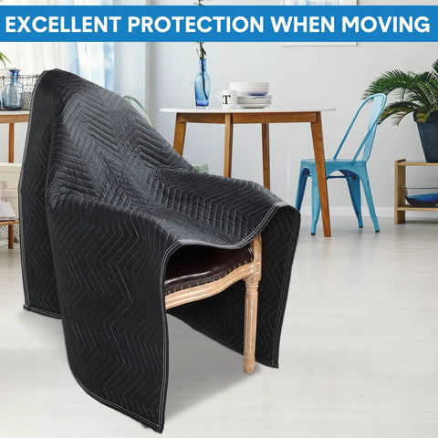 12 Pack Moving Blankets 72 By 40 Inches Heavy Duty Packing Pads Quilted Non Woven Furniture Covers draped over chair