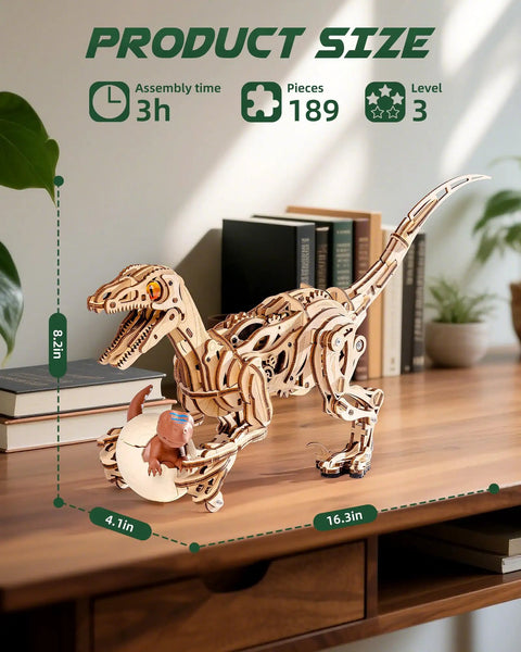 3D Velociraptor Wooden Puzzle Kit For Adults And Teens With 106 Pieces Realistic Gear Transmission System For Dynamic Two Legged Dino Build, 16.3in