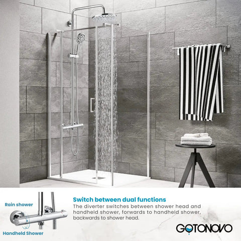 Thermostatic Shower Faucet Exposed Bathroom Setup With 8 Inch Round Wall Mounted Shower Head And ABS Handheld Sprayer No Tub Spout Eight Adjustable Modes Polished Chrome Finish Anti Scald Core High Quality Brass And Stainless Steel in modern bathroom