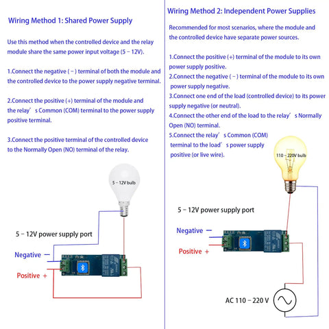 Comparison diagram of wiring methods for Bluetooth Proximity Switch Module 5-12V For E-Bike, Door Lock, And Home Automation.