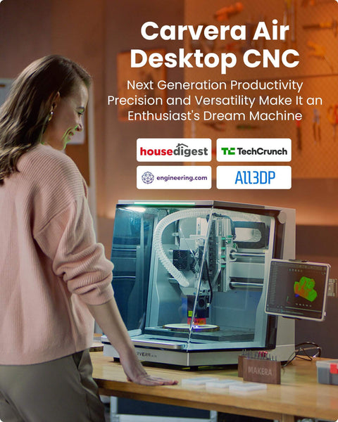 Air Desktop CNC Milling Machine With 4th Axis And Add On Module in a home workshop with clear enclosure and touchscreen controller.