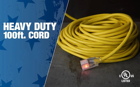 Heavy Duty Outdoor Extension Cord 12 Gauge 100 Feet With Lighted End, Weatherproof SJTW, coiled yellow on concrete surface
