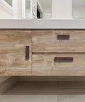Six Piece Walnut Wood Drawer Handles Set With 2.5 Inch Hole Centers installed on wooden cabinet drawers in a modern bathroom