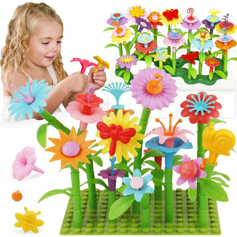 Child playing with Flower Garden Building Toy With Insect Pegs 153 Piece STEM Stacking Pretend Play Set
