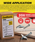 Spring Toggle Bolt Anchors Heavy Duty Wall Anchors For Hollow Walls Stainless Steel Hollow Wall Anchors For Frames Shelves Mirrors 20 Pack Quarter Inch By Three Inch Ideal For Hanging Heavy Frames Shelves And Mirrors In Drywall Without Studs product box and bolt illustrations