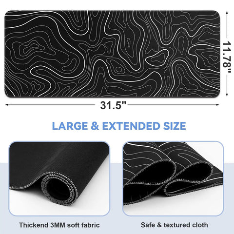 Beastly Ultra Wide Gaming Mouse Pad XL 31.5 By 11.8 Inches With Anti Slip Rubber Base in Black with Topographic Line Design