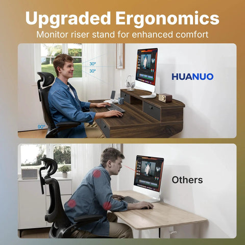 Heavy Duty Electric Standing Desk 48 By 24 Inch With Four Built In Drawers For Smart Storage showing ergonomic monitor riser in home office.