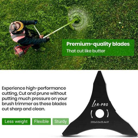 Top view of two-pack 10 inch 3 tooth carbon steel brush cutter blades with washers in action, compatible with Husqvarna Stihl Ego.