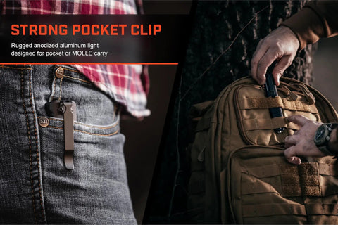 Close-up of Wedge Beast 1000 Lumen EDC Flashlight With THRO Burst And 300 Lumen Standard Beam clipped to jeans and MOLLE backpack.