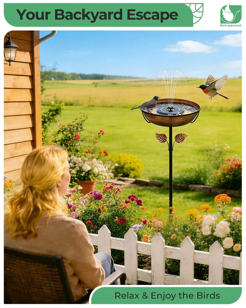 Metal Bird Bath With Solar Fountain, 13 Inch Bowl And 6.3 Inch Solar Pump, Battery And LED Lights in garden setting with bird