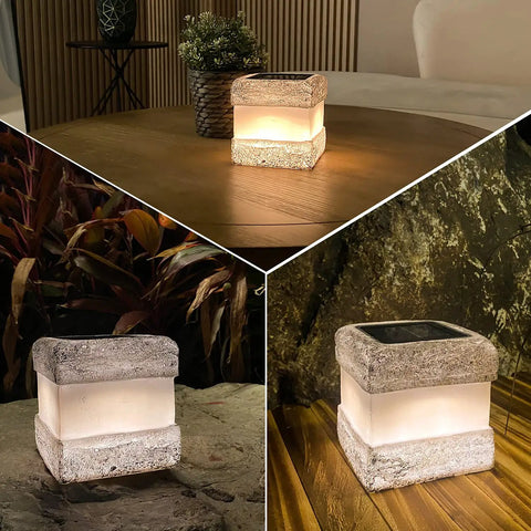 2 Pack Solar Rock Lights Outdoor Waterproof Fake Rock Pathway Lights with Warm LED Glow in indoor and outdoor settings.