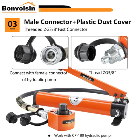 Hydraulic jack kit by Bonvoisin, orange with hose and fittings, CP-180 pump.