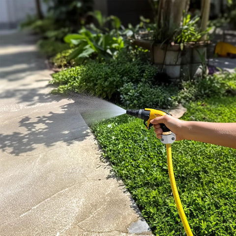 Person watering garden with hose spray nozzle outdoors
