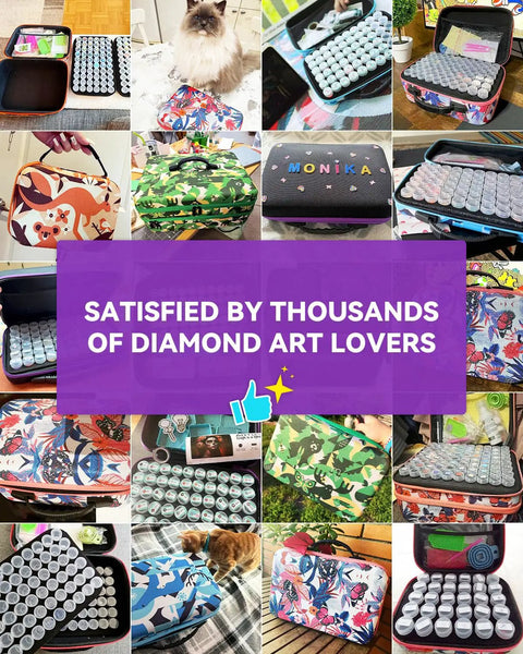 Collage of various 60 Slot Diamond Art Storage Case For Adults, showcasing multiple designs and uses with tools inside.